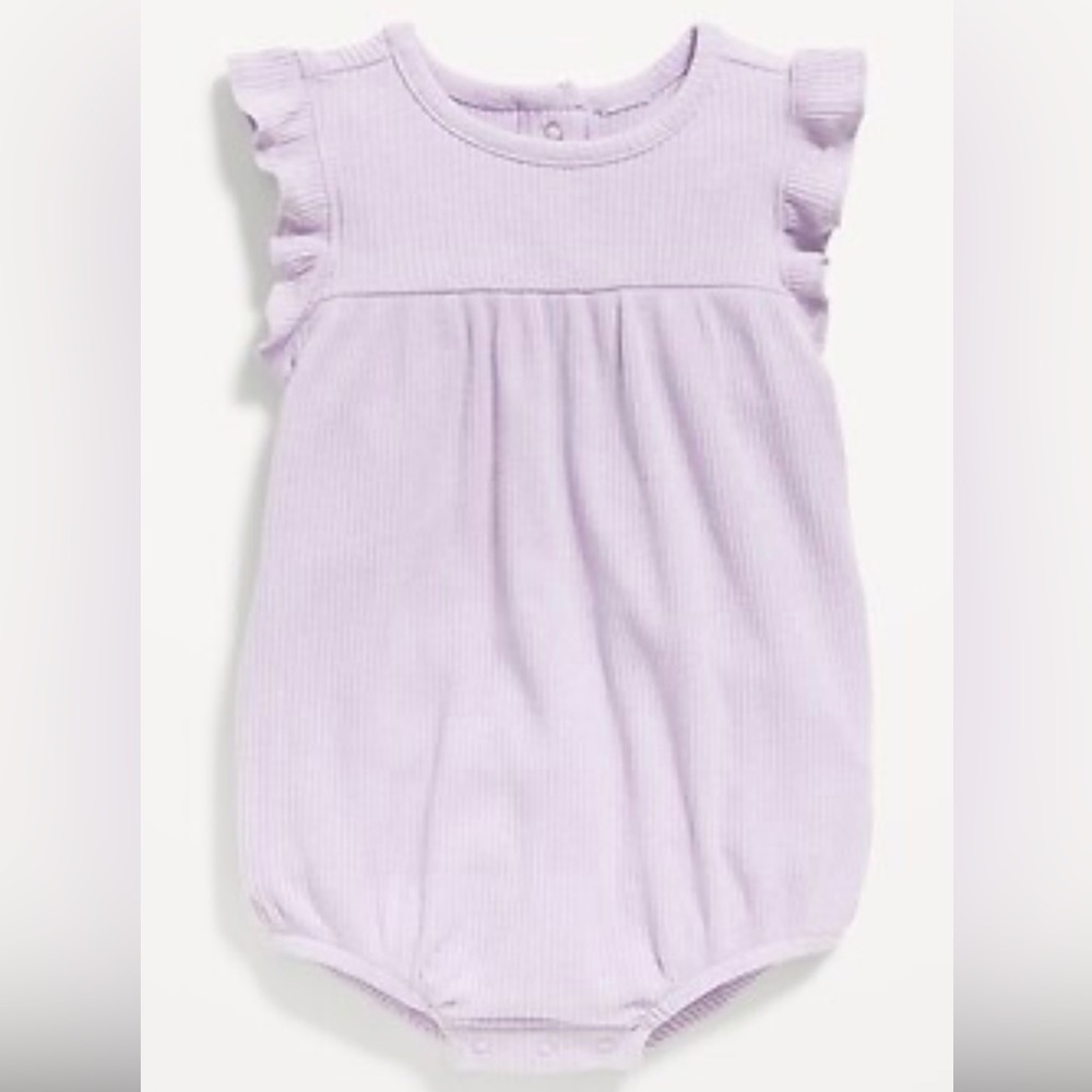Old Navy Dusky Lavender Ruffle-Sleeve Rib-Knit Romper 0-3M